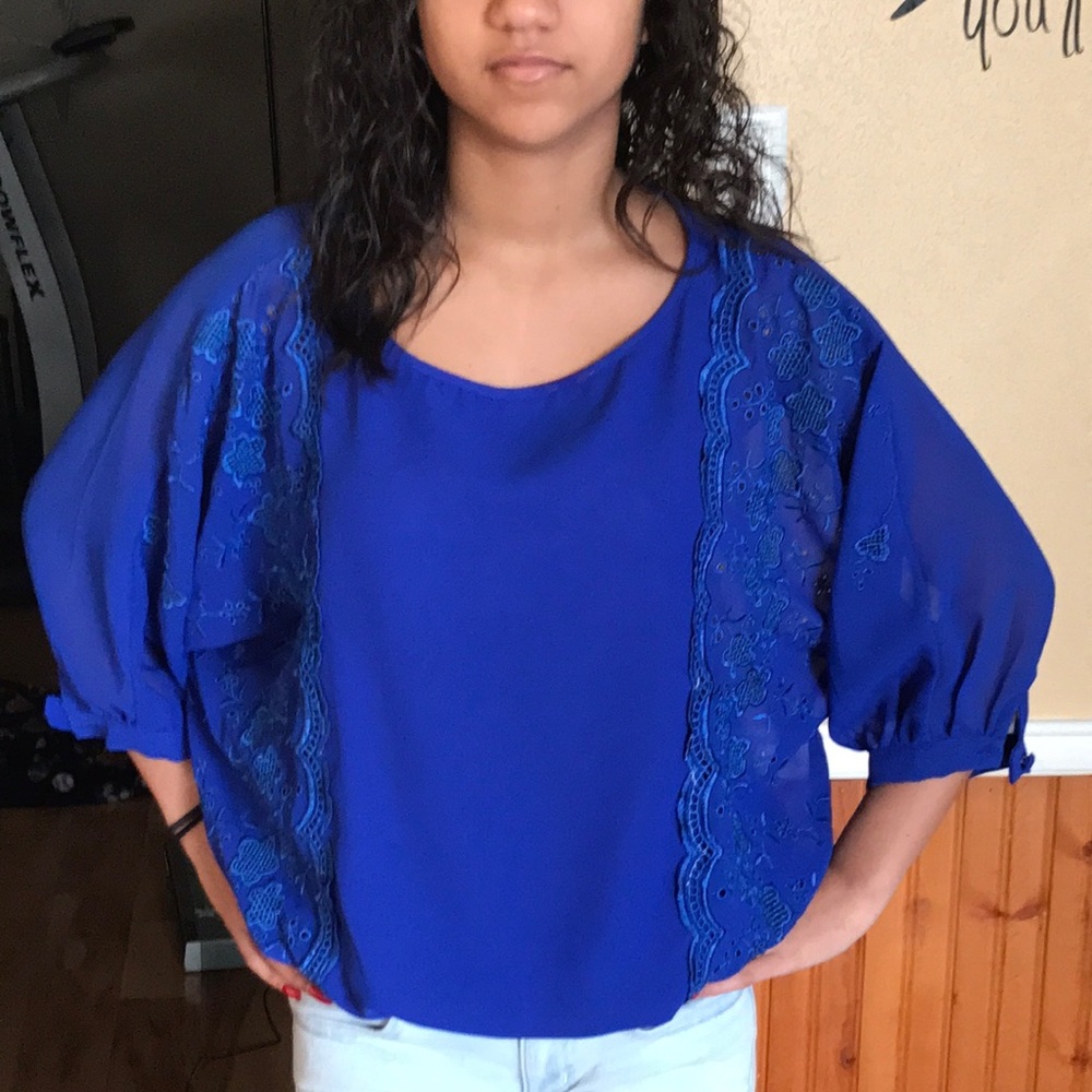 Blue embroidered sheer shirt